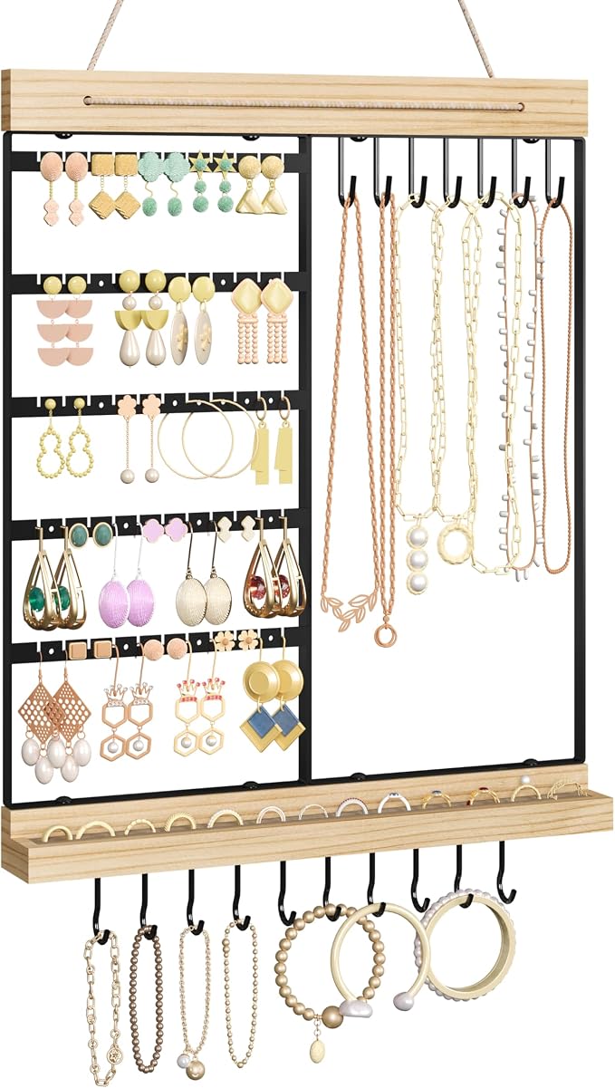 Feyejade Hanging Jewelry Organizer, 5-Tier Wall Earring Holder with Wooden Ring Groove, Jewelry Rack Wall Mounted for Earrings, Necklaces, Bracelets and Rings, Jewelry Holder Stand, Black by Feyejade