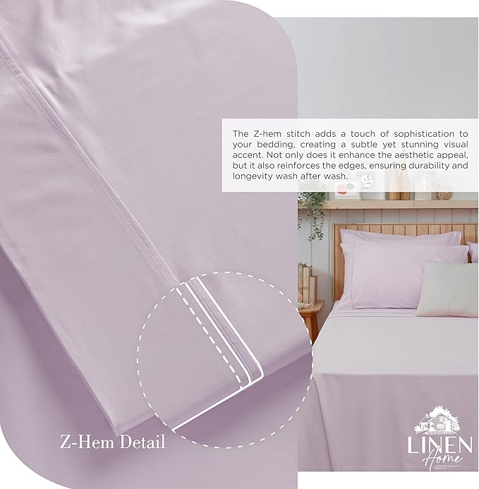 Linen Home 100% Cotton Percale Sheets Queen, 16" Deep Pocket - 4Pc Set, Crisp Cool Breathable Bed Linen, Made in Green, Iris Lilac