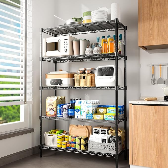 45" W Storage Shelves 5 Tier Wire Shelving, Adjustable Metal Shelving Unit with Shelf Liners, 1875LBS Heavy Duty Storage Rack for Garage Pantry Kitchen Commercial, 45" W x 16" D x 72" H, Black - Image 2