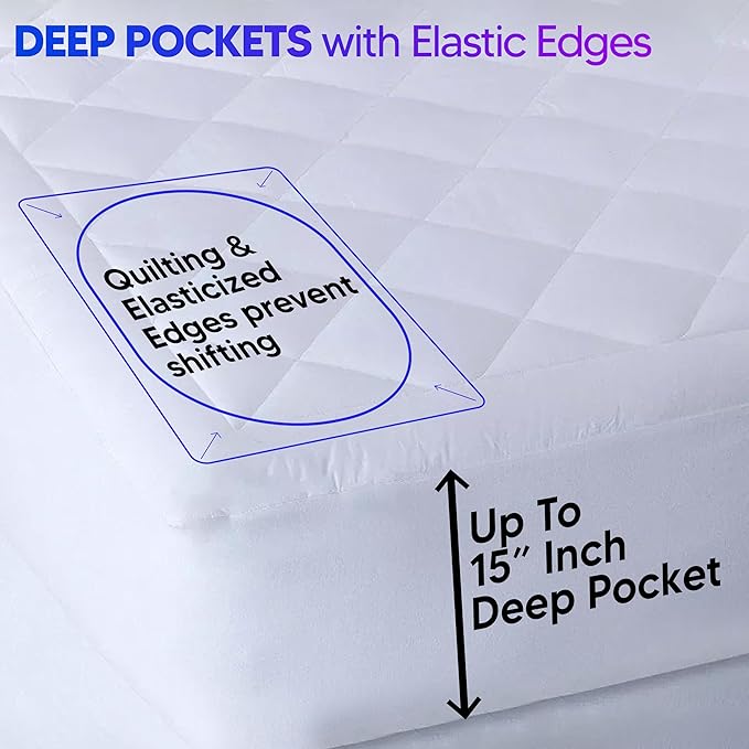 Padded Queen Mattress Protector, Breathable Waterproof Mattress Pad Cover Fitted Deep Pocket 8"-15", Soft Noiseless Mattress Cover Washable Cooling for Home Hotel Bedroom, White
