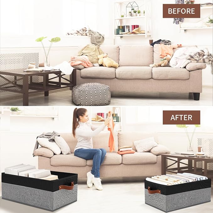 3 Pack Large Capacity Storage Bins Closet Organizer for Shelves, Fabric Closet Storage Baskets Boxes with Leather Handles for Organizing Clothes, Sheets, Jeans, Toys, Books (Black and Grey) - Image 6