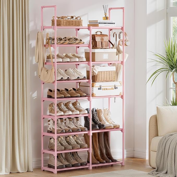 WOWLIVE 9 Tiers Large Shoe Rack White Shoe Rack Organizer for Closet 50-55 Pairs Stackable Heavy Duty Shoe Shelf Shoe Storage with Metal Pipes Plastic Pink - Image 4