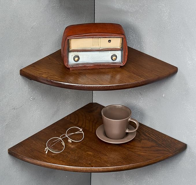 Corner Shelves, Floating Corner Shelf, Set of 2 16inch Solid Oak Wood Corner Wall Shelves, Round End with Wire Hole for Small Plant for Bedroom Kitchen, Living Room by Coamily