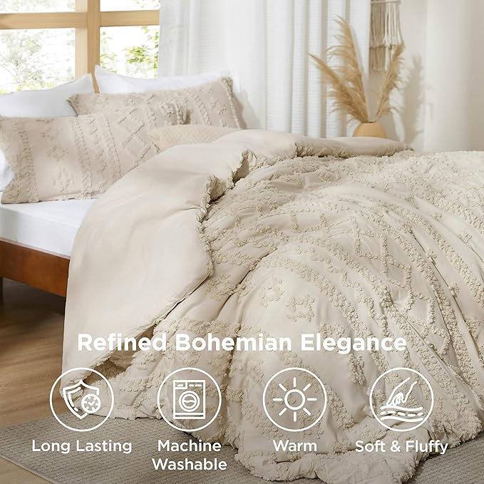 Bedsure Tufted Boho Comforter Set California King Size - Beige Boho Bed Set, GentleSoft™ 3 Pieces Farmhouse Shabby Chic Embroidery Bedding, Gifts for Woman, Soft Jacquard Comforter for All Seasons