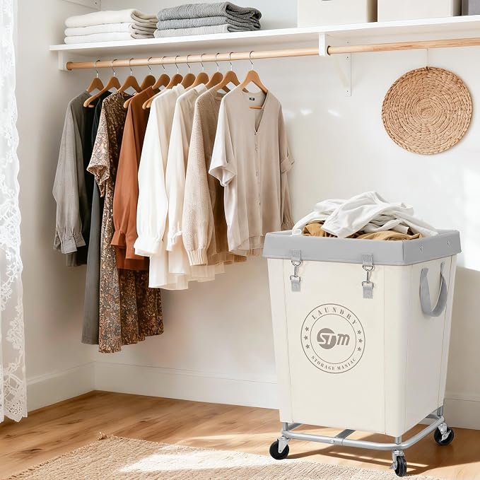 STORAGE MANIAC Commercial Laundry Hamper with Heavy Duty Steel Frame, 160 L Industrial Laundry Basket Cart with Wheels for Hotel, Home, Laundry Room, 18''L x 18''W x 31''H, Medium Beige - Image 2