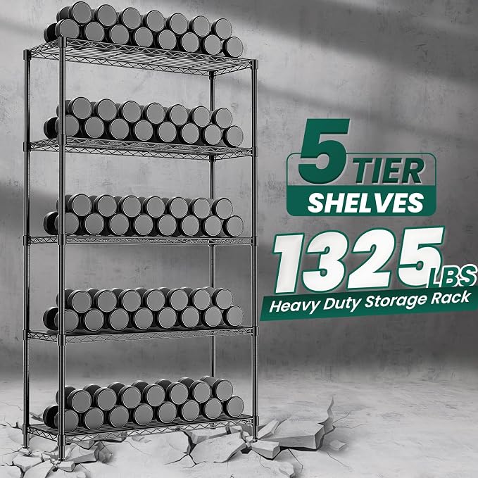 5-Tier Storage Shelves 72" H Wire Shelving, Adjustable Metal Shelving Pantry Shelves, 1325LBS Heavy Duty Rack with Shelf Liners for Garage Commercial Kitchen, 36" W x 14" D x 72" H, Black - Image 5