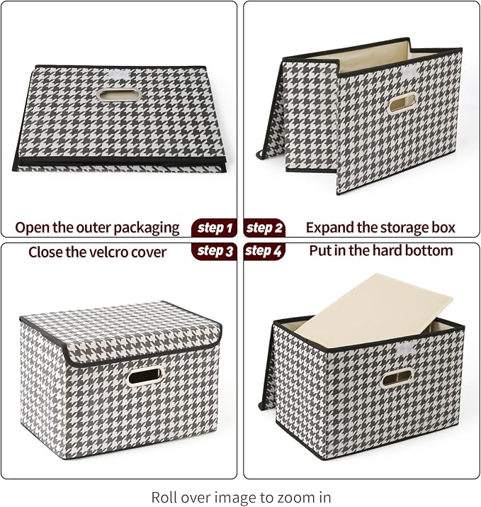 STOREONE Fabric Storage Cube Bins Foldable Organizer Container Collapsible Basket with Lids and Metal Handles, for Home, Bedroom, Closet 6 Pcs (Houndstooth) - Image 6