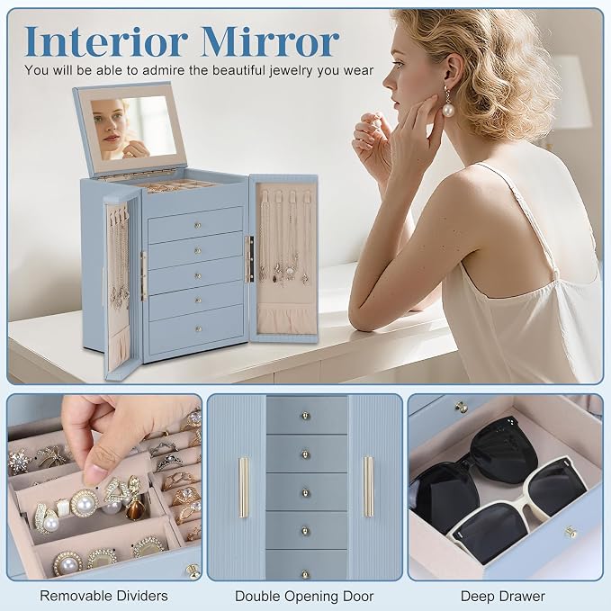 Dajasan Large Jewelry Organizer Box with Mirror, Jewelry Storage Organizer with 5 Drawers, 6-Tier Jewelry Gift Box for Women, Girls, Friends, Wife or Mother, Gift Idea (Smoky Blue) - Image 6
