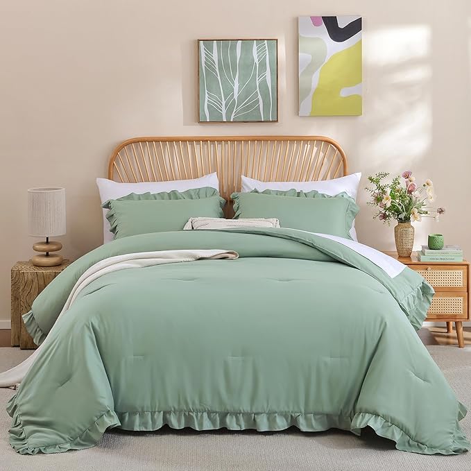 JANZAA King Size, Sage Green Comforter Set 3PCS 1 Ruffled Comforter Set and 2 Pillowcases Fluffy Vintage Farmhouse Shabby Chic Bedding Soft All Season
