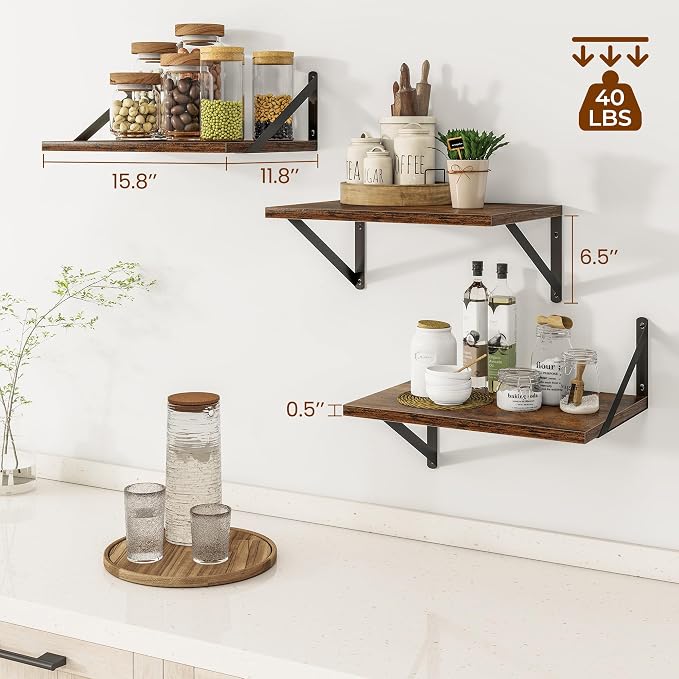 Deep Floating Shelves for Wall, 12 Inch Deep Floating Shelves Set of 3, 16W x 12D Wood Wall Shelves, Wide Wood Shelves with Metal Bracket for Living Room, Kitchen, Office, Bedroom - Rustic Brown - Image 3