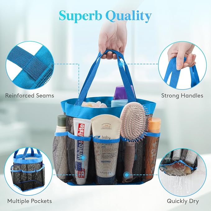 Lifewit Mesh Shower Caddy Portable for College Dorm Room Essentials with 7 Pockets, Freestanding Hanging Organizer Basket, Quick Dry Tote Bag for Camping, Bathroom, Beach, Travel, 1 Pack, Blue - Image 5