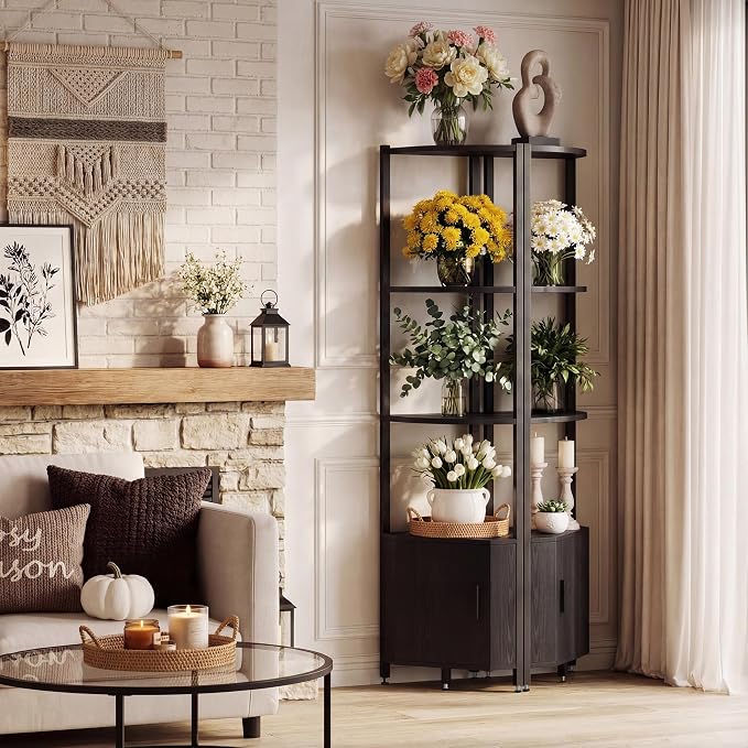 Corner Shelf with Storage, LED Lights 6-Tier Corner Bookshelf, 66'' Organizer Book Shelf Shelves Steel Frame Display Stand with Living Room, Bedroom, Study, Black - Image 7