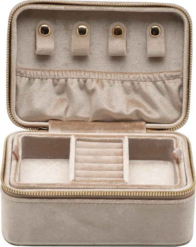 Velvet Travel Jewelry Organizer Box with Zipper Around Portable Accessory Display Tray Holder Storage Case for Multiple Earrings Rings Necklaces Bracelets (Beige) - Image 4