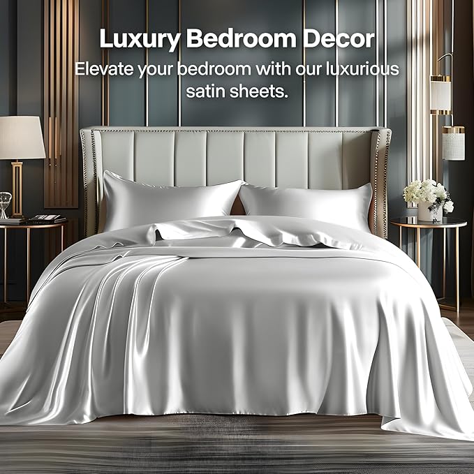 BEDELITE Satin Sheets Twin XL Size Bed Set, Luxury Soft Grey Silky Sheets for Hair and Skin, Similar to Silk Bed Sheets Set 3 Pieces with 1 Deep Pocket Fitted Sheet, 1 Flat Sheet, and 1 Pillowcase