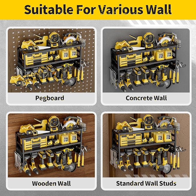 Power Tool Organizer Wall Mount Heavy Duty 320 lbs, 3 Layers Storage Rack with 9 Drill Holders & Battery Storage, cordless tool organizer for Garage, Workshop & Tool Room - Image 8
