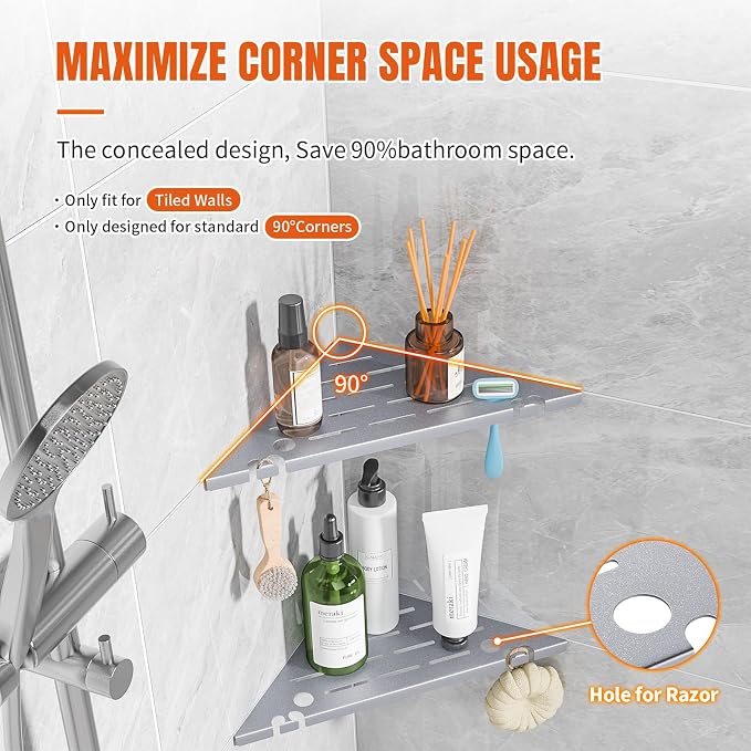 Shower Corner Shelf Organizer Rack with Hooks & Razor Hole, No Drilling Tile Shower Shelves, Rustproof Stainless Steel Bathroom Shelves Basket, Modern Corner Shelf for Bathroom, 2Pack-Silver - Image 6