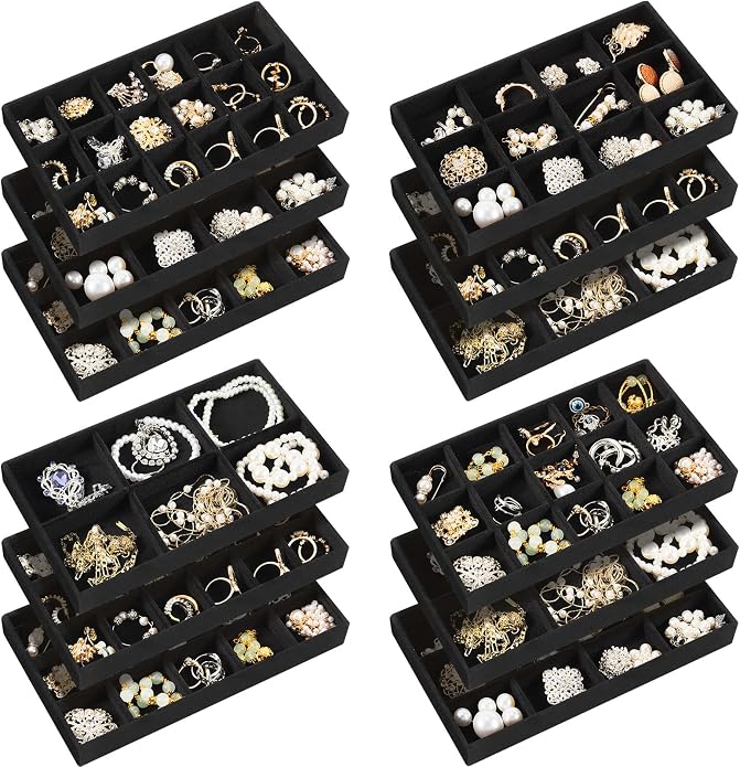 Junkin 12 Pcs Jewelry Tray Velvet Stackable Jewelry Organizer Trays Divided Earring Accessories Storage Containers Box (Rose Red) by Junkin