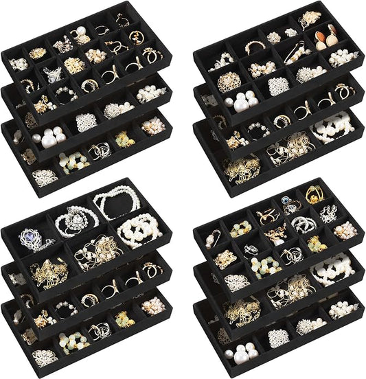 Junkin 12 Pcs Jewelry Tray Velvet Stackable Jewelry Organizer Trays Divided Earring Accessories Storage Containers Box (Rose Red) by Junkin