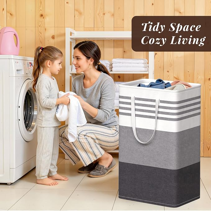 WOWBOX 2 Pack Laundry Baskets, Laundry Hampers, Freestanding Dirty Clothes Hampers with Reinforced Handles & Cross Stitch & Waterproof Coating, for Laundry Bedroom Bathroom Dorm,88L Grey - Image 7