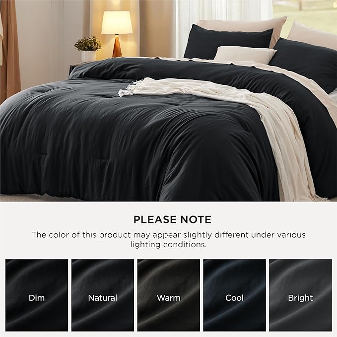 Bedsure California King Comforter Set, Black Soft Prewashed Bedding for All Seasons, 3 Pieces GentleSoft™ Bed Set, 1 Lightweight Comforter (104"x96") and 2 Pillowcases (20"x36")