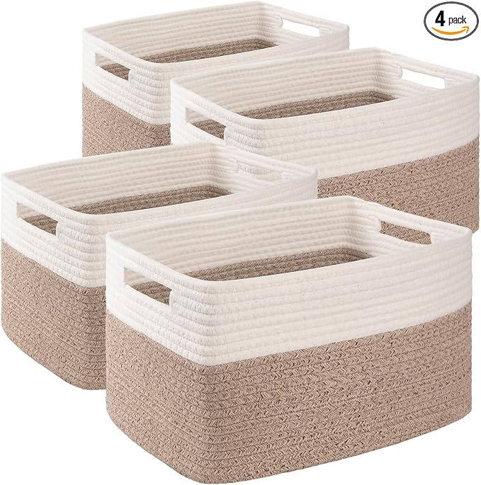 4 Pack Storage Baskets for Organizing, Woven Baskets for Shelves - Perfect for Toys, Books, Towels, and Clothes, Durable Gift Basket Bins Toy Storage, 15.7''Lx11.8''Wx7.8''H, Brown & White by SIXDOVE