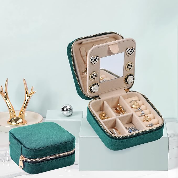 Dajasan Velvet Travel Jewelry Box, Mini Travel Jewelry Case, Small Portable Travel Jewelry Organizer with Mirror for Women Girls (Green) - Image 2