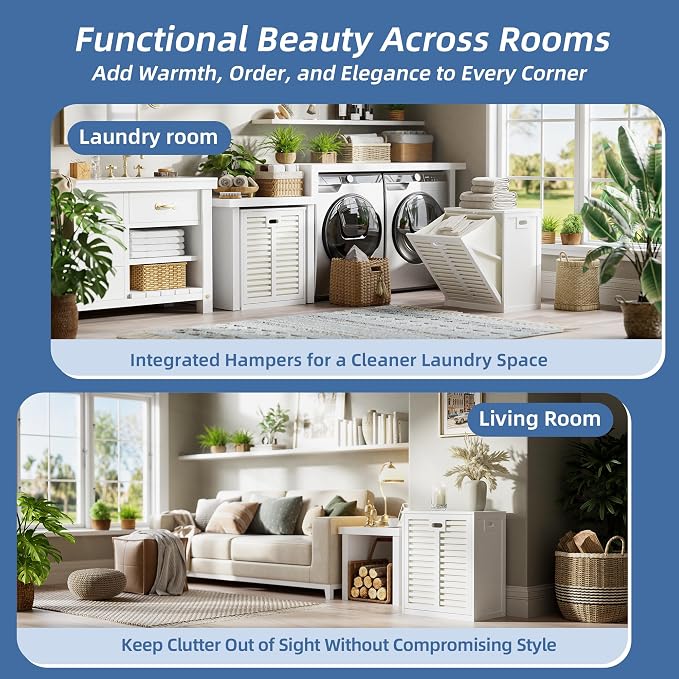 HITNET Tilt Out Laundry Hamper Cabinet, Bathroom Laundry Cabinet with 20 Gallon Clothes Basket, Space Saving Freestanding Bamboo Storage Organizer for Towels and Toys, White - Image 7