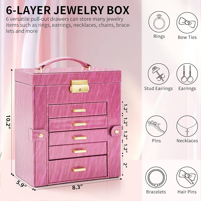 AKOZLIN 6-Tier Jewelry Box Lockable Leather Jewelry Storage Case with 5 Drawers for Women Girls Ring Necklace Earring Bracelet Holder Organizer with Mirror Rose - Image 2