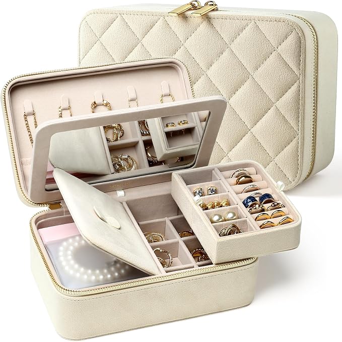 Velvet Travel Jewelry Box with Large Mirror, Double-Layer Jewelry Organizer Case for Women and Girls, Portable Storage Case with 6 Anti-Tarnish Bags Gift Ready for Her (Beige) by Lumayina