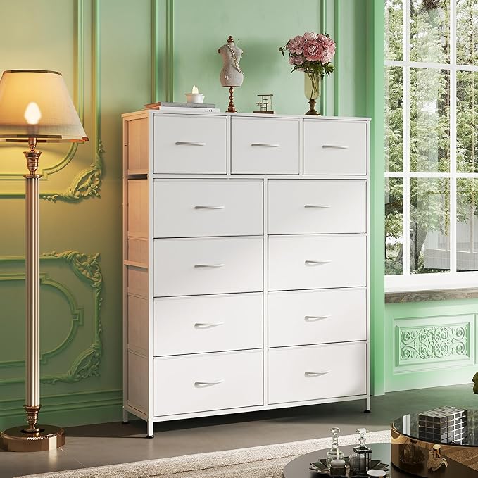 WLIVE Tall Dresser for Bedroom, Fabric Dressers Storage Tower, Dresser & Chest of Drawers Organizer Unit with 11 Drawers, Storage Cabinet, Hallway, Closets, Steel Frame, Wood Top, White - Image 2