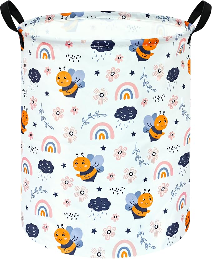 MAIZMZ Rainbow Bee Print Canvas Laundry Basket,Waterproof Storage Bin with Handles 15.7" D×19.7" H Foldable Toy Organizer Decor Gift Basket for Kids' Bedroom & Home Organization by Unknown
