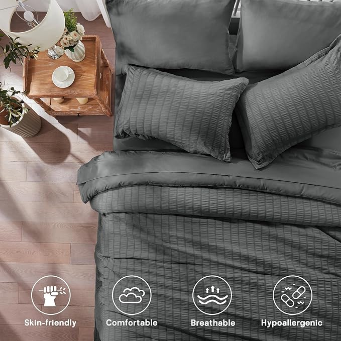 Zzlpp Queen Comforter Set 7 pieces, Dark Grey Seersucker Bed in a Bag with Comforter and Sheets, All Season Bedding Sets with 1 Comforter, 2 Pillow Shams, 2 Pillowcases, 1 Flat Sheet, 1 Fitted Sheet
