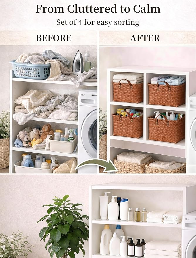 Hand Woven Baskets for Storage, 4Pcs Water-Resistant Wicker Baskets, Brown Wicker Storage Baskets for Shelves, Large Basket with Handle for Organizing, Clothes, Laundry, Blanket - Square - Image 4