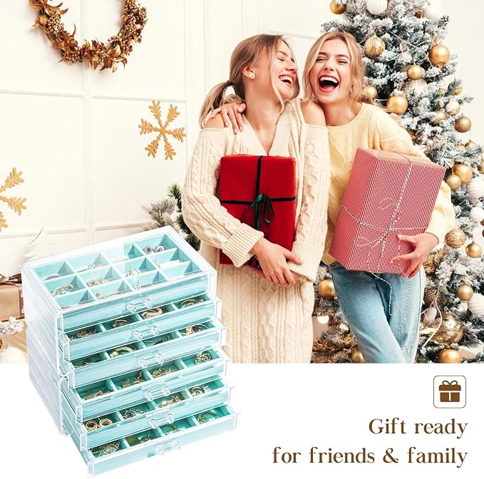 Lolalet Earring Holder Organizer Box Jewelry Storage with 6 Drawers, Clear Acrylic Stackable Earring Case with Adjustable Velvet Trays for Women on Dresser Vanity -Aqua, 6 Layers - Image 7