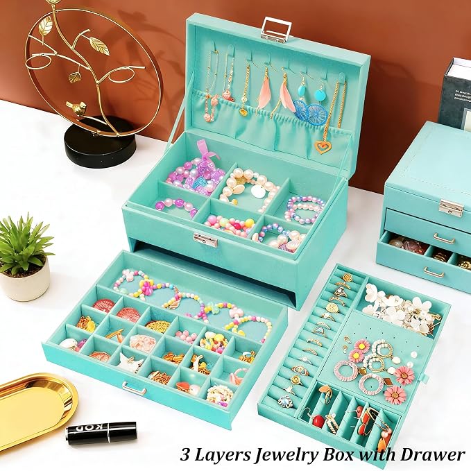 QBestry 3-Layer Jewelry Box for Girls & Teens with Lock and Key, Large Jewelry Organizer with 8 Necklace Hooks & 56 Earring Holes, Teal Velvet Jewelry Storage Box for Necklaces Earrings Rings Bracelet - Image 3