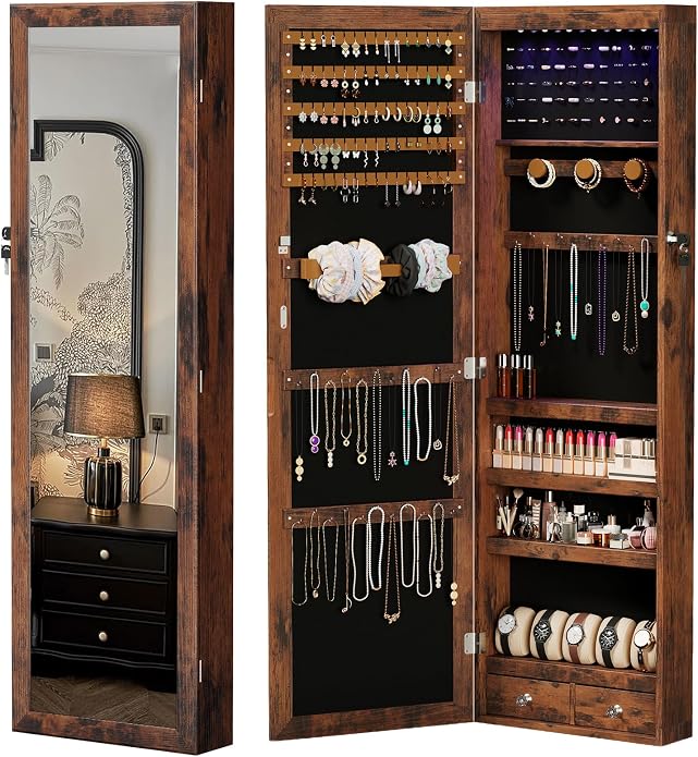 DUMOS 6 LEDs Mirror Jewelry Cabinet, Wall or Door Mounted Jewelry Organizer, 47.2-Inch Tall Lockable Large Capacity Cosmetic Storage, Gift Idea by DumosLifestyle