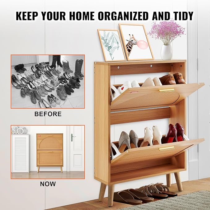 VEVOR Shoe Cabinet with 2 Flip Drawers, Shoe Storage Cabinet for Entryway, Free Standing Shoe Storage Organizer with Rattan Doors for Heels, Boots, Slippers in Hallway, Living Room - Image 6