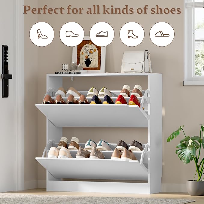 BORNOON Shoe Cabinet with 2 Flip Drawers, Slim Narrow Shoe Storage Cabinet, Freestanding Shoe Organizer with Adjustable & Removable Shelves, Top Display Shelf for Entryway, Hallway, Foyer, Closet - Image 4
