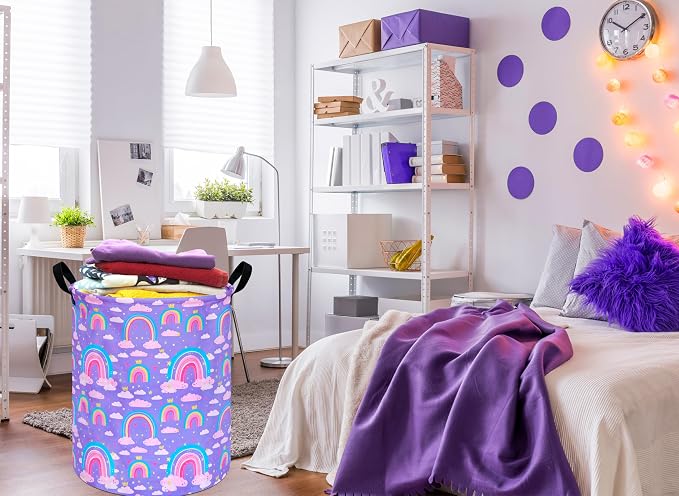 Collapsible Kids Laundry Basket Clothes Hamper, Foldable Storage Organizer Bin, Toy Clothes Storage with Handles for Boys Girls Bedroom, Room Decor Purple Rainbown - Image 5