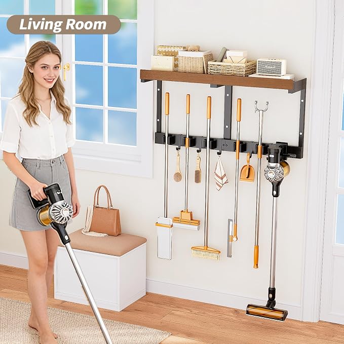 Broom Holder Wall Mount with Cleaning Supplies Organizer, Laundry Room Shelves with Mop Hanger Rack Gripper Hooks and Vacuum Organizer, Broom and Mop Organizer Wall Hanging for Home Garage Kitchen - Image 7