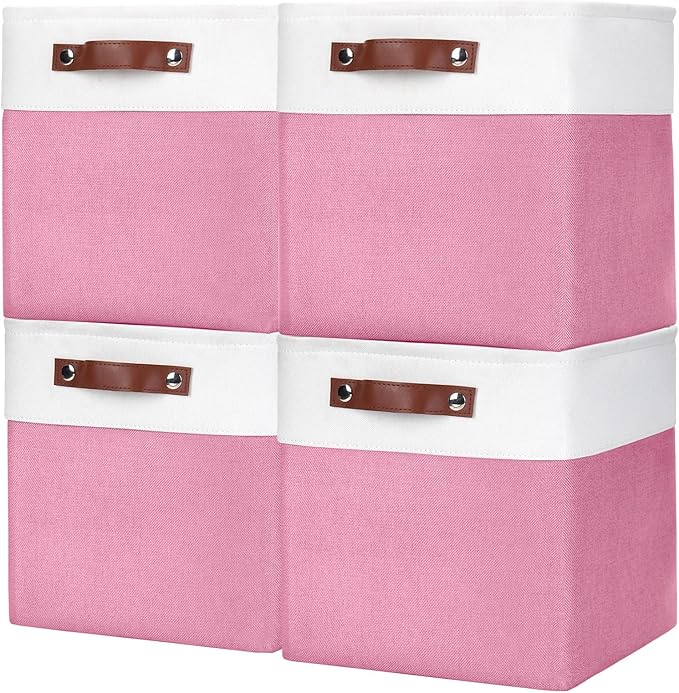 Bagnizer Collapsible Fabric Storage Cubes 11x11 Cube Storage Bins, 4 Pack Closet Baskets Box with Handles for Organizing, Shelf, Toys, Clothes, Home, Office, Nursery (Pink&White) by Bagnizer