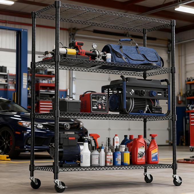M MZG 1400LBS 47.2" W 4 Tiers Storage Shelves Metal Shelving Unit with Wheels Heavy Duty Garage Shelving Adjustable Wire Shelves for Pantry,Kitchen,Garage,Basement,Black 17.7" D x 47.2" W x 62.7" H - Image 2