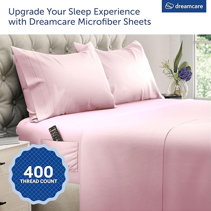 DREAMCARE Queen Sheet Set – 4 pcs Cooling Sheets – up to 21” Deep Pocket Queen Sheets – Hotel Luxury Sheets & Pillowcases – Superior Softness 100% Fine Microfiber with Side Pocket, Pink