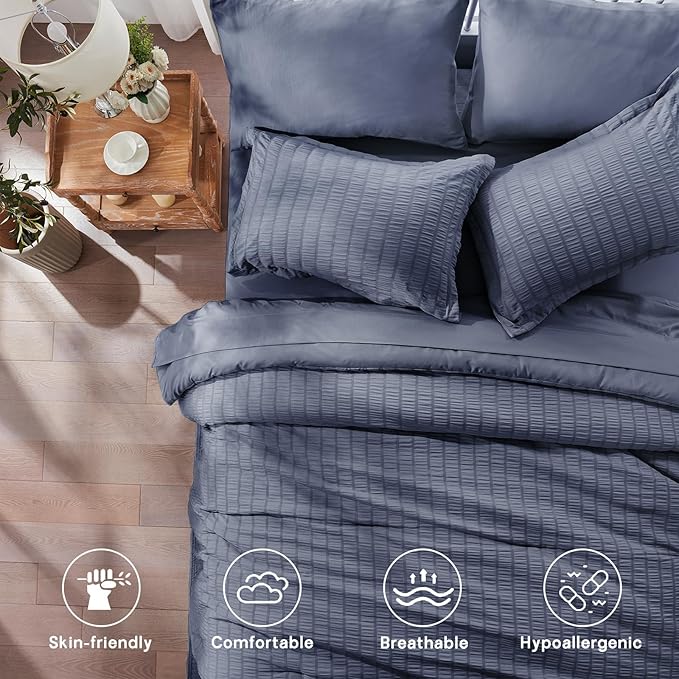 Zzlpp Twin Bedding Set 5 Pieces, Greyish Blue Seersucker, All Season Comforter Set with 1 Comforter, 1 Pillow Sham, 1 Pillowcase, 1 Flat Sheet, 1 Fitted Sheet