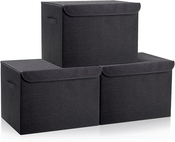 Bagnizer Large 17" 42 Quarts Collapsible Stackable Storage Bins with Lids [3-Pack] Foldable Fabric Linen Storage Boxes Cube, Closet Organizer Baskets with Label (16.7 x 12 x 12, Black) by Bagnizer
