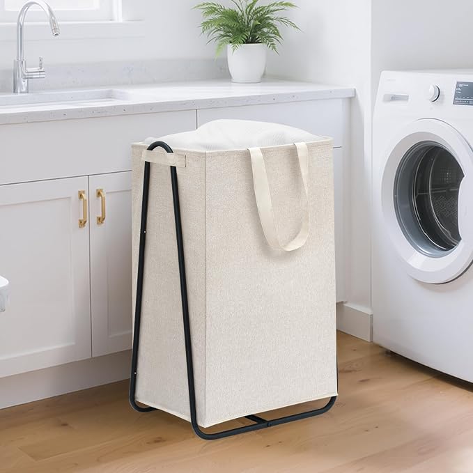 STORAGE MANIAC Laundry Hamper with Metal Rack, Large Laundry Basket with Triangle Frame, Collapsible Dirty Clothes Hamper with Handles for Dorm, College, Small Space, Closet, Bedroom, Beige - Image 7