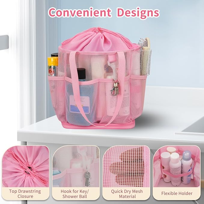 Shower Caddy Portable for College Dorm Room Essentials, Hanging Shower Caddy with Hook and Drawstring, Quick Dry Mesh Shower Bag with 6 Pockets for Bathroom, Swimming, Gym, Camping, Beach, Travel - Image 6