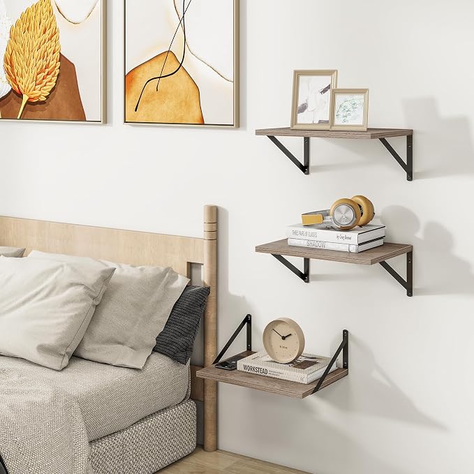 Heimlove Deep Floating Shelves for Wall, 12 Inch Deep Floating Shelves Set of 3, 16W x 12D Wood Wall Shelves, Wide Wood Shelves with Metal Bracket for Living Room, Kitchen, Office, Bedroom - Grey - Image 2