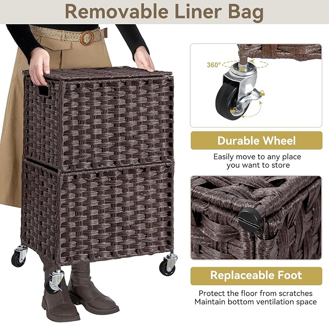 Chrislley 90L Slim Laundry Hamper with Wheels, Rolling Laundry Basket with Lid and Renovable Liner Bag, Handwoven Rattan Organizer for bedroom, bathroom, laundry room (Brown) - Image 5