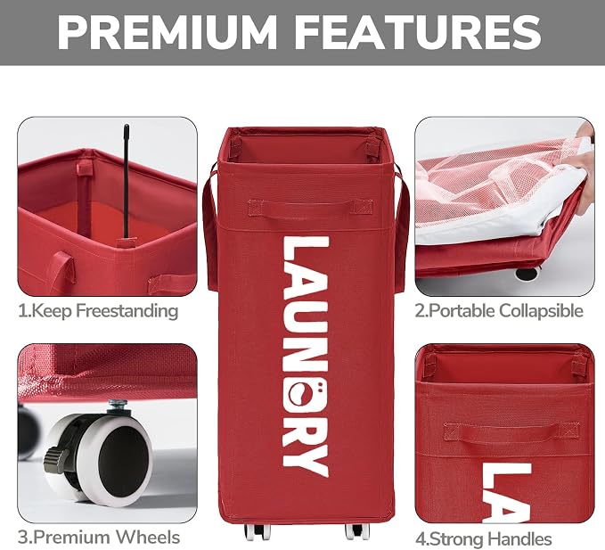 Goodpick Laundry Basket with Wheels,75L Large Roolling Laundry Basket with Removable Wash Bag, Clothes Hamper with Wheels for Laundry Room, Red - Image 4